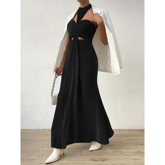 Modern Cut Out waist Backless Halter Maxi Dress BLACK - Picture 1 of 8